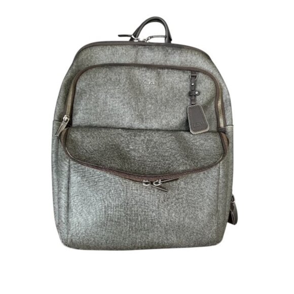 Tumi Sinclair Hanne Backpack Earl Grey Textured Canvas Leather Trim Brown Zipper - Picture 1 of 16